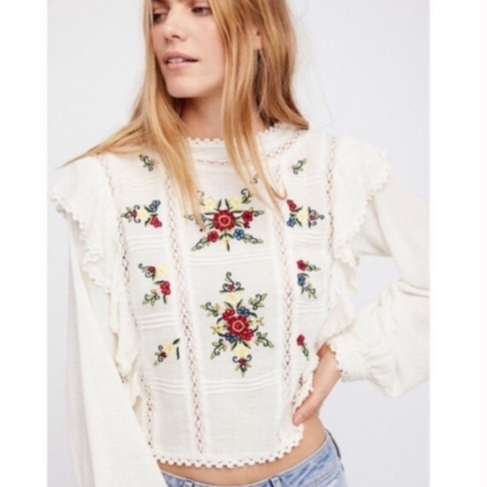 Free People the Amy Embroidered Smock Blouse Small
